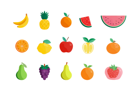 Pixelated Fruits Assortment Featuring Various Tropical and Citrus Flavors with Retro Pixel Art Style Isolated on Transparent Background, PNG