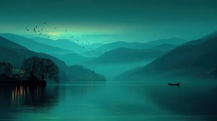 Misty lake, mountains, birds, calm