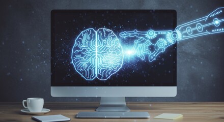 A desktop computer displays a glowing brain and robotic arm, set against a dark backdrop, conveying artificial intelligence