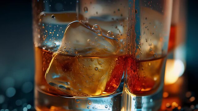 Close-up view of whiskey with ice cubes in glass on dark background  