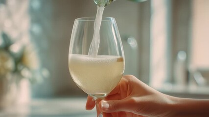 Pouring sparkling beverage into a glass on kitchen countertop  