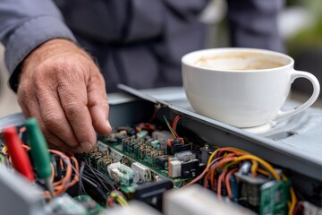 A hand inspects a complex circuit board.  Coffee cup nearby