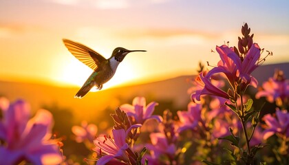 Fototapeta premium Hummingbird in flight amidst sunset flowers. A vibrant hummingbird, wings outstretched, soars through a field of rosy-pink flowers bathed in the warm golden light of a sunset