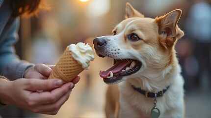 A dog eagerly licks an ice cream cone held by a person outdoors