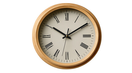 Oval wooden framed clock with roman numerals on a black background