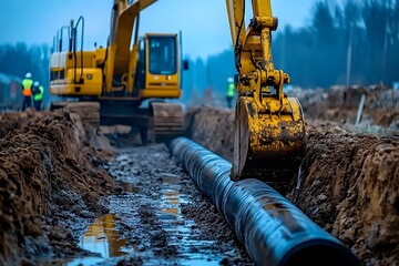Excavator digging trench for pipeline project.