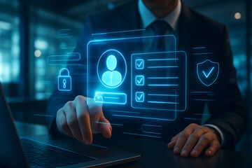 Businessman accessing virtual personal data dashboard with checklist verification, digital security and profile management using futuristic laptop interface for safe authentication
