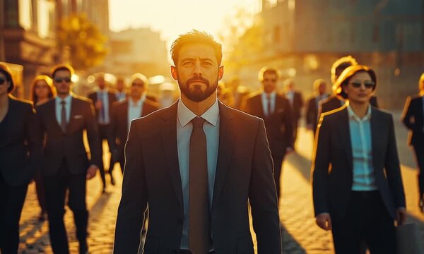 Confident Leader Leading a Team at Sunset