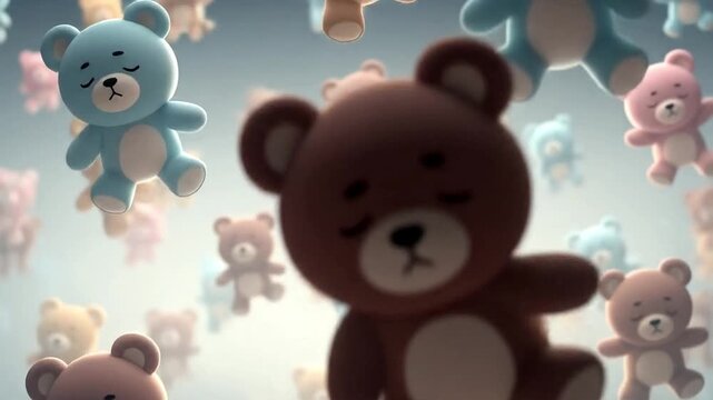 Colorful animated teddy bear toys floating in dreamy blue space. Ideal for children's video content nursery backgrounds or toy store commercials.