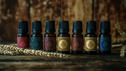 Six essential oil bottles, each with a distinctively colored and textured label, topped with black caps, are neatly lined up against a rustic wooden background.