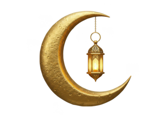 Golden crescent moon with ornate lantern hanging isolated on transparent background