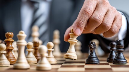 Chessboard Strategy: A close-up shot of a hand moving a king chess piece on a chessboard, a metaphor for strategy, leadership, and competition in the game of chess.