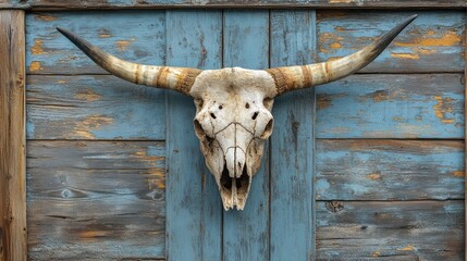 Weathered longhorn skull mounted on rustic blue wood