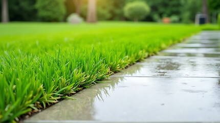 A serene pathway lined with lush green grass after a refreshing rain shower on a sunny day in a peaceful garden