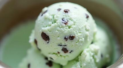 A close-up view of a scoop of mint chocolate chip ice cream in a bowl
