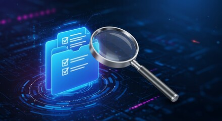 A digital folder with a checklist icon being magnified by a classic style lens, set against a futuristic, tech-themed background