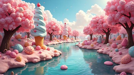 A serene landscape featuring ice cream cones and trees by a tranquil river