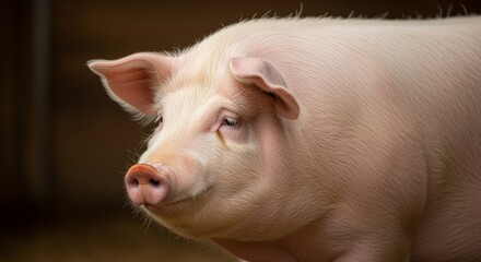 Pink Pig Portrait Animal Farm Livestock Face Closeup in Dark Barn
