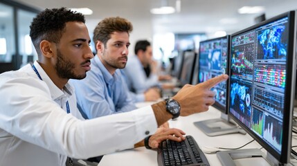 Tech Professionals Navigating Data: Dynamic close-up depicts a group of professional analysts intently focused on multiple computer screens filled with data, charts, and graphs.