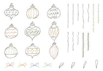手描きのビンテージクリスマスオーナメントセット。ゆるい線画のクリスマス飾り。