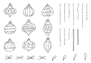 手描きのビンテージクリスマスオーナメントセット。ゆるい線画のクリスマス飾り。