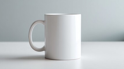 A beige ceramic mug on a table in front of a neutral blurred background, perfect for product mockup. The mug is a blank canvas