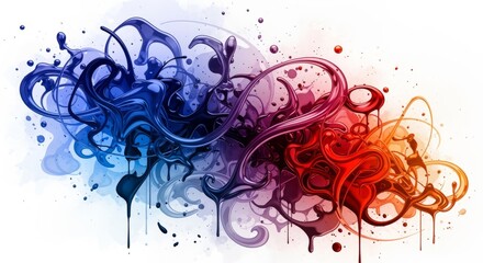 Abstract Swirls of Fluid Paint in Blue Red and Orange Colors on White Background