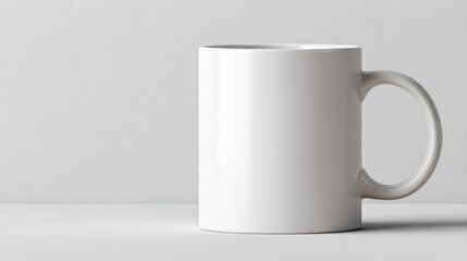 Obraz premium A beige ceramic mug on a table in front of a neutral blurred background, perfect for product mockup. The mug is a blank canvas