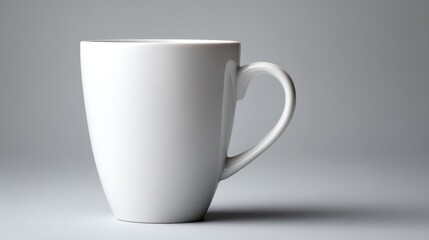 A beige ceramic mug on a table in front of a neutral blurred background, perfect for product mockup. The mug is a blank canvas