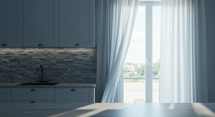 stone backsplash | A serene kitchen scene featuring soft natural light streaming through sheer curtains, highlighting modern cabinetry and a view of a tranquil outdoor landscape