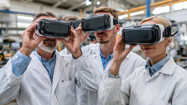 VR Goggles in Factory: A team of professionals donning virtual reality goggles in an industrial setting, immersed in a virtual experience, showcasing innovation and the future of technology. - Powered by Adobe