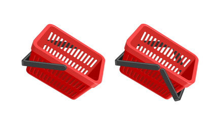 Two types of red shopping baskets used in department stores or supermarkets, one with one handle and one with two handles, vector 3d isolated on white background for shopping advertising design