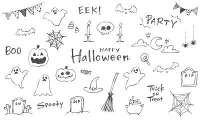 手書きのハロウィンイラストと文字のセット。ゆるい落書きスタイルの線画イラスト。