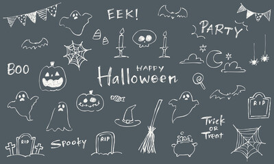 手書きのハロウィンイラストと文字のセット。ゆるい落書きスタイルの白色線画イラスト。