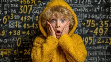 Child in a hoodie shocked by math equations on a chalkboard. back to school concept.