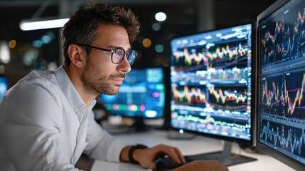 Analyzing the Financial Landscape: An image of a diligent trader, engrossed in analyzing data on multiple computer screens.