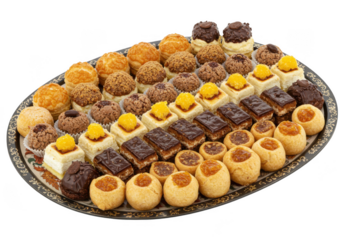 Assortment of delicious small cakes and pastries on a decorative platter isolated on transparent background