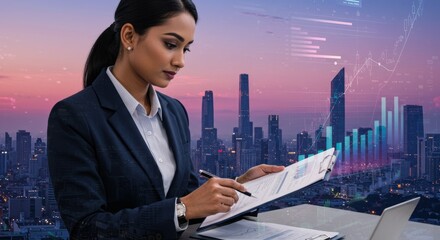 A focused professional, likely in finance, examines documents. City skyline and charts overlayed, suggesting business and markets