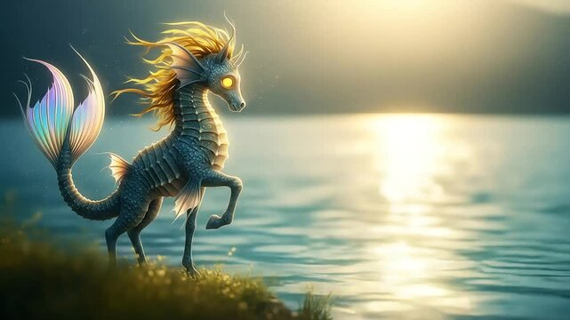 Whimsical Seahorse-Like Creature by a Shimmering Lake at Sunset