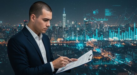 A focused man in a suit reviews documents, illuminated data overlays the cityscape, representing financial analysis