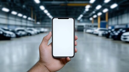 Digital Interface: A person's hand is holding a sleek, modern phone with a bright screen. Cars fill a large commercial interior space in the background.