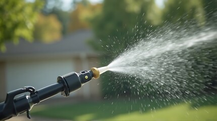Water spraying from a hose nozzle in a garden on a sunny day