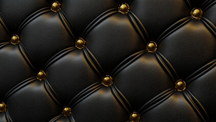 Naklejka premium Three-dimensional render, close-up of black leather texture with intricate golden stitching in the shape of a button, set against a detailed patterned background,