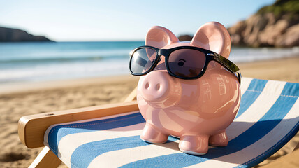 Pink piggy bank wearing sunglasses on a beach chair