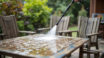 Cleaning the wooden outdoor furniture with a high-pressure water jet on a patio surrounded by lush greenery