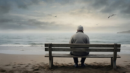 An elderly man sits on a weathered wooden bench overlooking a quiet
