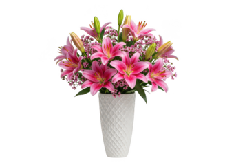 Elegant pink lily arrangement in a white textured vase isolated on transparent background