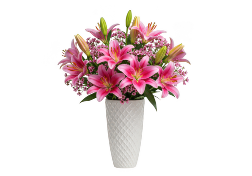 Elegant pink lily arrangement in a white textured vase isolated on transparent background