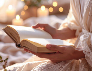 Obraz premium Close-up of a woman's hands reading a book in a gentle and romantic room, with candles and illuminations in the background of the woman's hands holding an open book