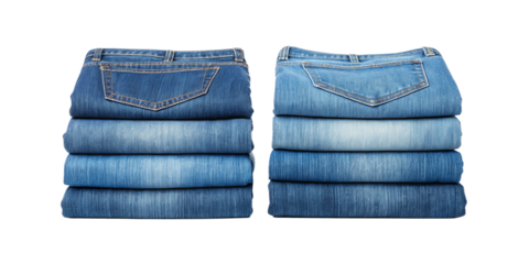 Folded Blue Jeans Set Isolated on White Background – Flat Lay Stack with Clipping Path
Stacked Blue Denim Jeans on Transparent Background – Flat Lay Fashion Apparel Collection